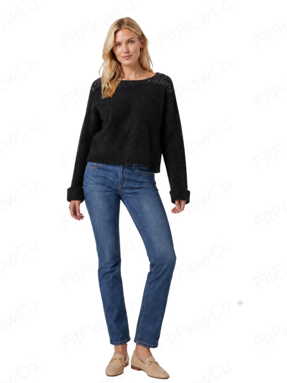 A|X Armani Exchange Black Sequin Shoulder Fuzzy Knit Sweater Size M